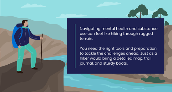Navigating mental health and substance use can feel like hiking through rugged terrain. You need the right tools and preparation to tackle the challenges ahead. Just as a hiker would bring a detailed map, trail journal, and sturdy boots.